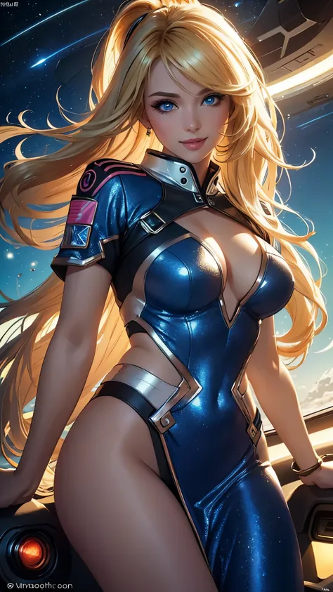 (best quality,ultra-detailed,photo-realistic:1.37),bright and vibrant colors,studio lighting,playful expression,stylish makeup,long blonde hair flowing in the wind,alluring eyes,glossy lips,sexy pose, Space Cadet, Cockpit, smiling in a confident and seduct...