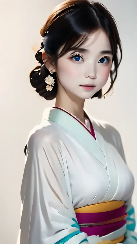 (((White world、white background)))、born、real stick、realistic、very cute woman、perfect beauty、natural look、no makeup、beautiful plump black hair、yamato nadeshiko、beautiful light purple kimono、Nishijin-ori kimono、Very delicate kimono pattern、beautiful angle、el...