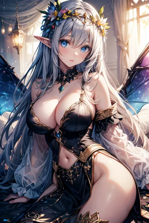 elf woman,detailed face,detailed eyes,laying on the bed,photorealistic,ultra-detailed,soft lighting,enchanted atmosphere,fantasy,glowing wings,feminine,delicate,hair flowing in the air,golden jewelry,peaceful expression,ethereal beauty,sleeping peacefully,...