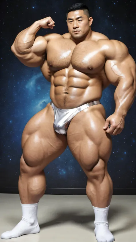 There is only one Chinese bodybuilder in the photo，30 years old，Tall and handsome, toned body，short hair, O-shaped beard，Perfect body, Dark and shiny complexion，Smooth skin，The body is hairless，Muscle bulge, muscular, Very big pecs，Very sexy abs，Leg muscle...