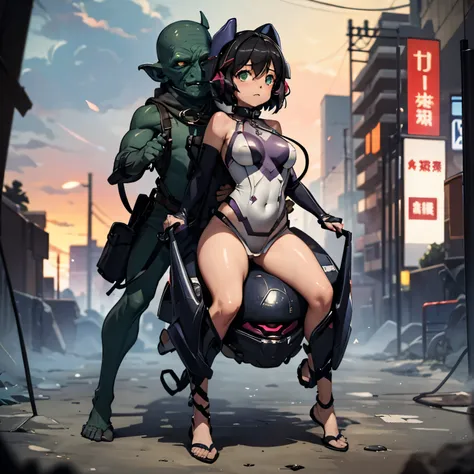 Masterpiece, A goblin is riding a girl., (all four), 1 girl, (bodysuit:1.1), (Nose hook), rein, shirt collar, chain, rope, Kohinata Miku Shenshoujin , black hair, short hair, green eyes, small breast, ดวงempty eyes, empty eyes, obey, Emotionless, expressio...