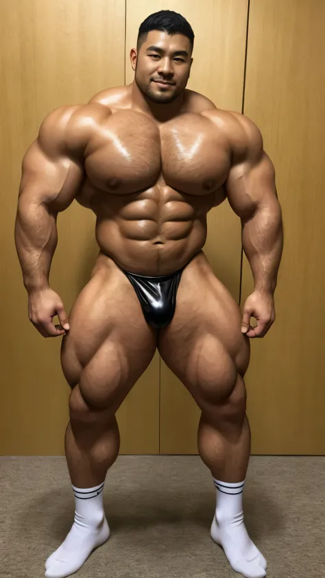 There is only one Chinese bodybuilder in the photo，30 years old，Tall and handsome, toned body，short hair, O-shaped beard，Perfect body, Dark and shiny complexion，Smooth skin，The body is hairless，Muscle bulge, muscular, Very big pecs，Very sexy abs，Leg muscle...