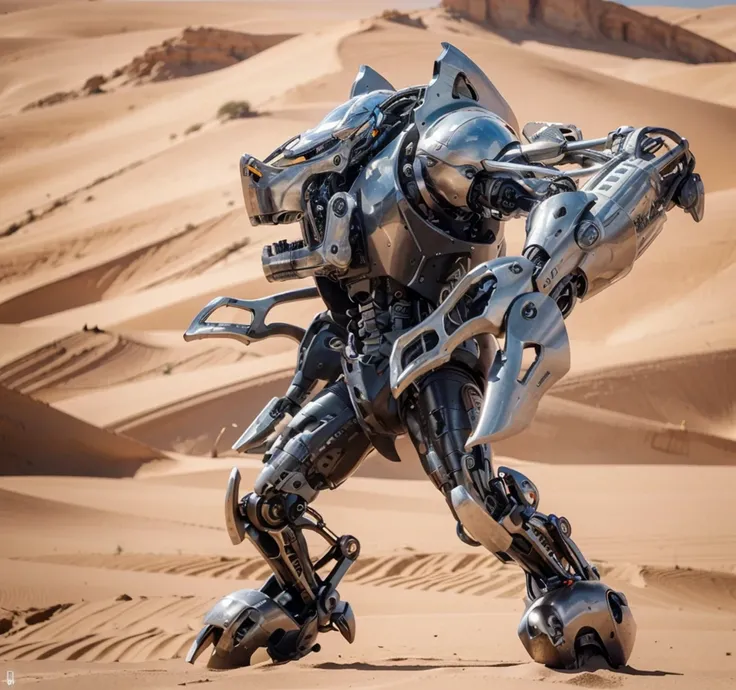 Ultra advanced biomechanical cyborg, cabeza grande con sensores, jaw with sharp teeth and torso of man with robotic inserts, negro y rojo, Cables y tubos rodean su cuerpo., una de sus manos son tijeras, He is in the middle of the sand desert., Sunny day, 4...