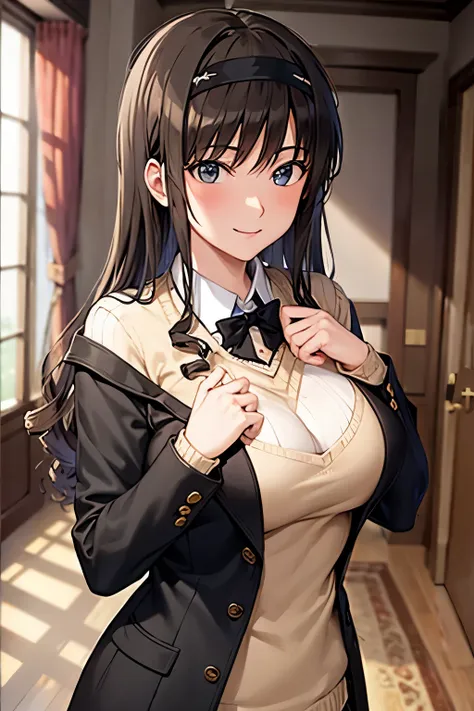 masterpiece, best quality,  morishima haruka, hairband, black blazer, black jacket, black bowtie, long sleeves, smile, large breasts, hallway, smile, looking at viewer, upper body