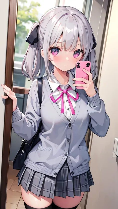 masterpiece, {{{{Highest quality}}}}, beautiful,1 girl, grey_hair, school uniform, cardigan(pink), dress_shirt, neck_ribbon(blue), plaid skirt, thighhighs, {{{embarrassed}}}, selfee、self-taken picture、taking a picture of oneself, self_shot,