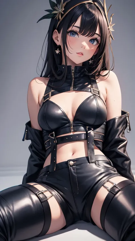 High resolution, woman , good lighting, despicable, , (No nudity), (((leather shorts))), ((tight leather top)), (((leather thigh high boots))), (garter belt), abdomen only, (wet shorts),  ,  cute face, I&#39;m embarrassed and blush, humiliating, ((spread y...