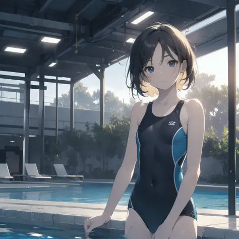 no、wife,Super absurd quality by the god of art, super detailed, High resolution, anime moe art style, Best Anime 8K Kona-chan Wallpaper, pixiv contest winner, perfect anatomy, break,(Please draw a picture of a girl standing sleepily by the pool in a blue ワ...