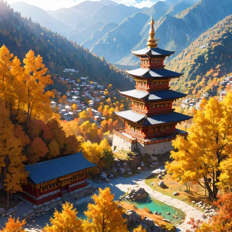 8k, extreme detail, beautiful colors, sunny autumn in Bhutan, Paro Taktsang, side of the mountain, dynamic lighting