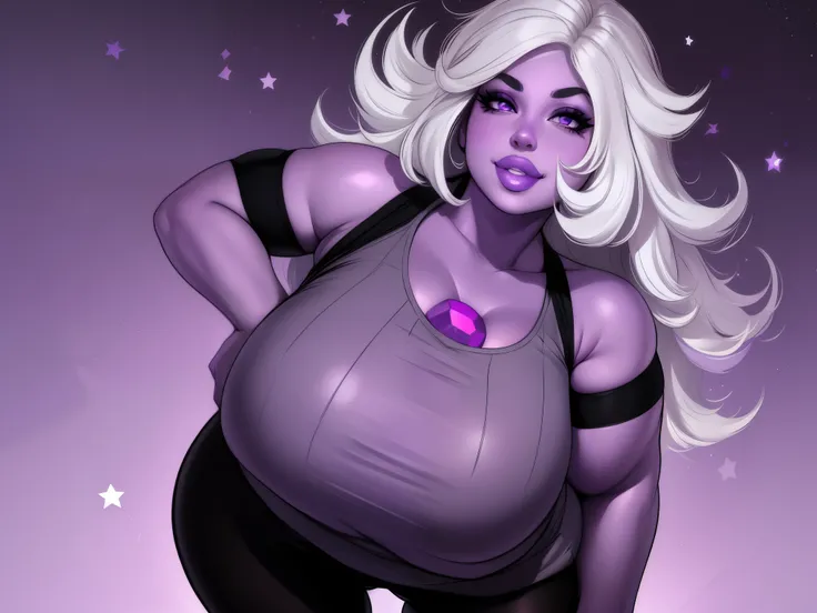 Amethyst,((purple skin)),( plump), chubby, long white hair , purple eyes ,makeup , huge lips ,gem between collarbone, smiling, solo, upper body, 
 AmetClot,tank top,torn clothes,cleavage, leggings with star symbols, ,plump,plump lips,upturned nose., grey s...