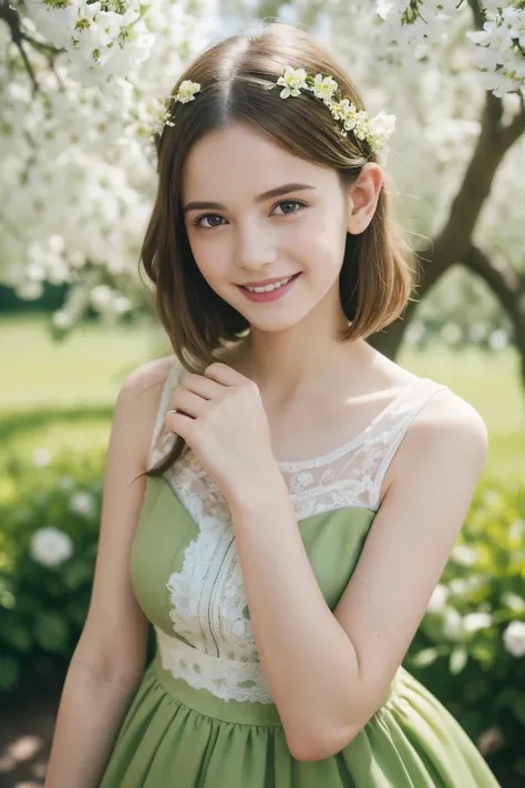 Masterpiece, Best quality, 8k, 18 ans, Photo brute, absurdes, Award-winning portrait, sourire, sourire, pure, french, elegant vibrant green dress, spring, orchard in bloom, laces, famous singer, cute, fit, healthy