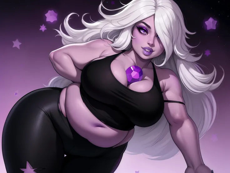 Amethyst,((purple skin)),( plump), chubby, long white hair , purple eyes ,makeup , huge lips ,gem between collarbone, smiling, solo, upper body, 
 AmetClot,tank top,torn clothes,cleavage, leggings with star symbols, ,plump,plump lips,upturned nose., grey s...