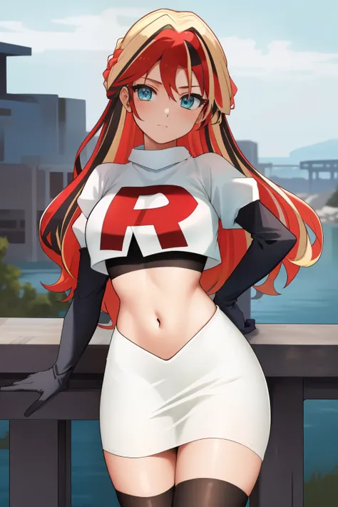 ((best quality)), ((highly detailed)), masterpiece, (detailed eyes, deep eyes), (1girl), cowboy shot, SunsetHuman, (multicolored hair, (two-tone hair:1.1), red and blonde hair), BREAK, aqua eyes, team rocket,team rocket uniform,white skirt,red letter R,cro...