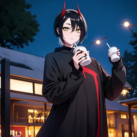 a woman with casual clothes, short black hair, yellow eyes, small red horn, in a park at night drinking a hot chocolate.