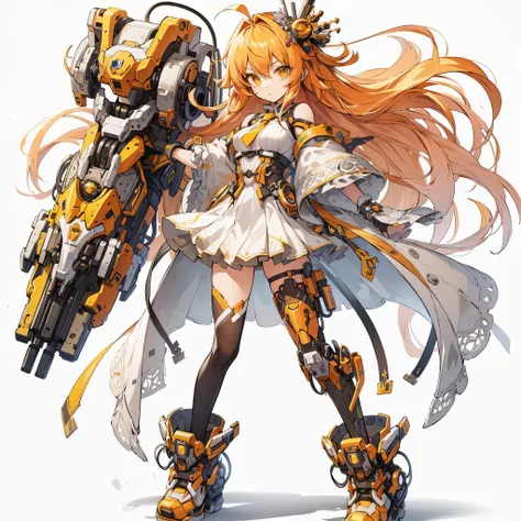 (Masterpiece, top quality), (perfect athlete body: 1.2), (detailed hair), ultra detailed, anime style, full body, solo, Cyberpunk magical girl, orange hair and yellow eyes, yellow-white armored magical girl costume, hold up mechanical gauntlet, wearing hi-...