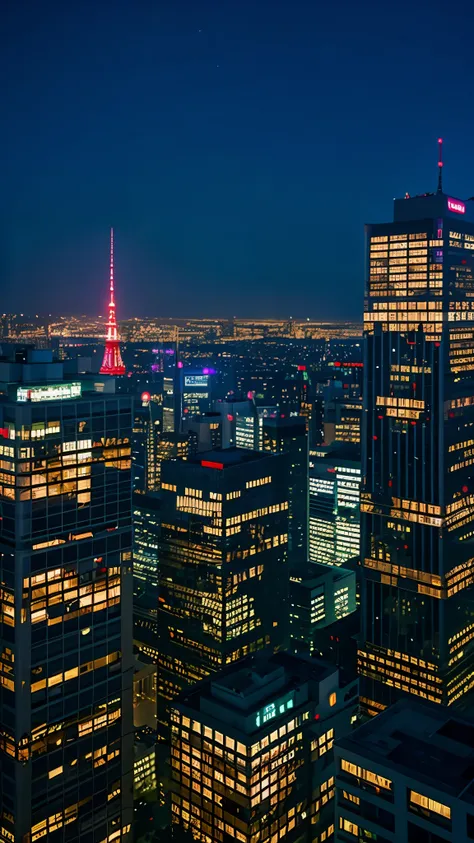 a large cityscape lit up at night through very tall windows in a skyscraper, scenery, no humans, cityscape, city, outdoors