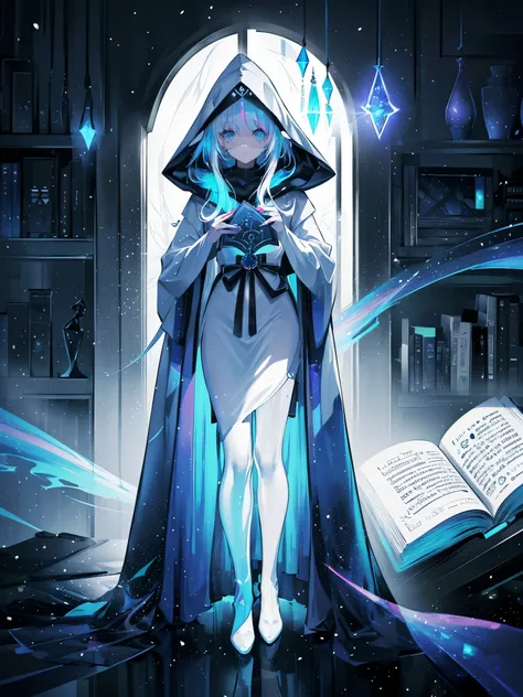 a girl with a hood that covers her face, long sideburns that curve into her face, glassy eyes, focused eyes, white eyebrows, white hair, looking down, (((holding a book with moving colored pages, neon pages, of book come out magical runes))), colorful spar...