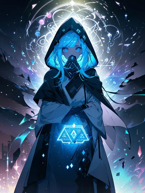 a girl with a hood that covers her face, long sideburns that curve into her face, glassy eyes, focused eyes, white eyebrows, white hair, looking down, (((holding a book with moving colored pages, neon pages, of book come out magical runes))), colorful spar...