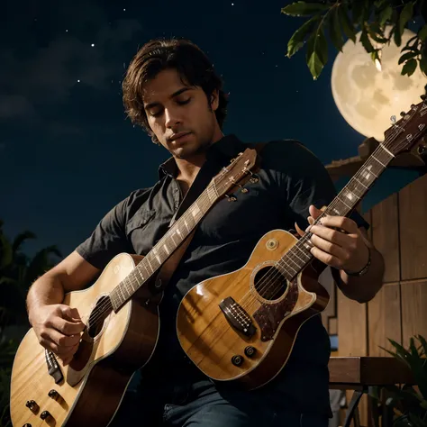 Homem bombeiro tocando guitarra olhando pra lua