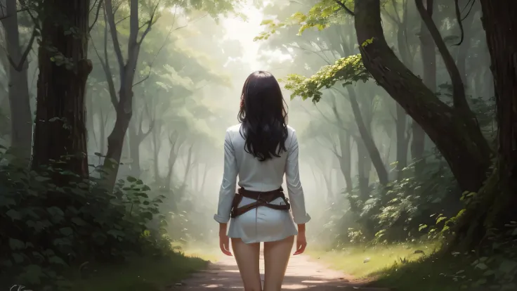 Back view of young woman in the forest