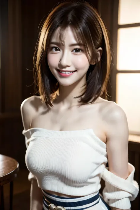 wall background,(Intense dance motion:1.3),spread your hands and move them widely,
Add motion blur effects to simulate motion,off shoulder,navel appears,Loose-fitting lace jumper dress. Dance movements disrupt the costume.,messy hair,Glossy light brown and...