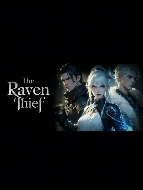 a cinematic masterpiece. a fantasy novelistic picture showing three young characters: a male with long dark hair in ponytail, yellow eyes, wearing a sleek black leather fantasy gear, black scarf, hes controlling dark mist. A female with blonde long hair ti...