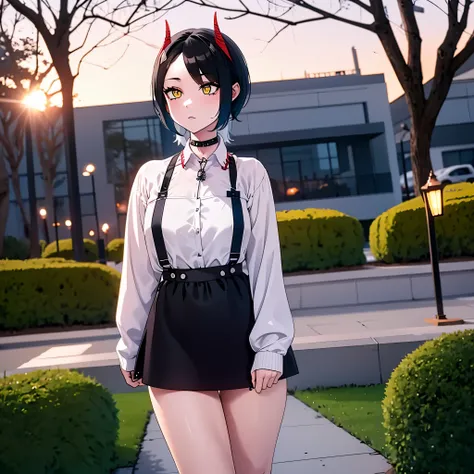 a woman with casual clothes, short black hair, yellow eyes, small red horn, in a park at night, just a girl