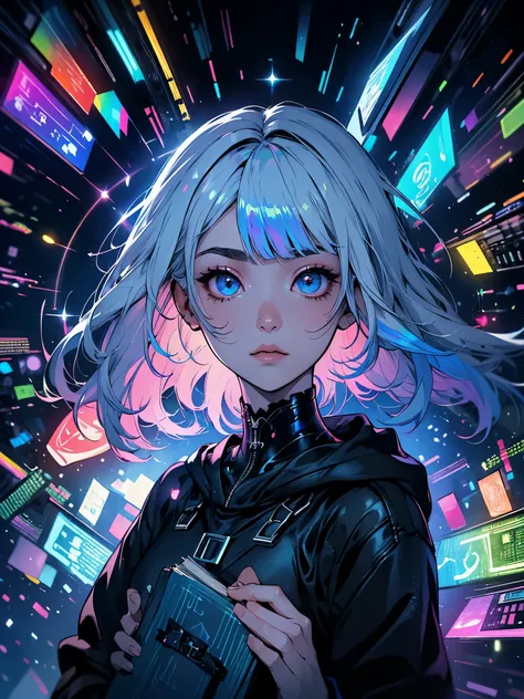 a girl with a hood that covers her face, long sideburns that curve into her face, glassy eyes, focused eyes, white eyebrows, white hair, looking down, (((holding a book with moving colored pages, neon pages, of book come out magical runes))), colorful spar...