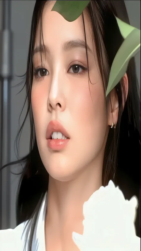 un primer plano de una mujer con una flor en el pelo, Jennie rosa negra, photorealista!!!!!!! Estilo de Arte, photorealista beautiful face, realista. cheng yi, heonhwa choe, photorealista digital painting, inspirado en Sim Sa-jeong, kwak ji joven, hyperrea...