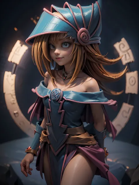 Dark magician gils en el aire, ella esta parada. Con traje maya. Plumas de colores, aretes, vestido Maya de reina. Sonrisa en sus labios. Ojos celestes. Cabello dorado. Pose sensual. Levitando en una pie. Fondo de ruinas mayas