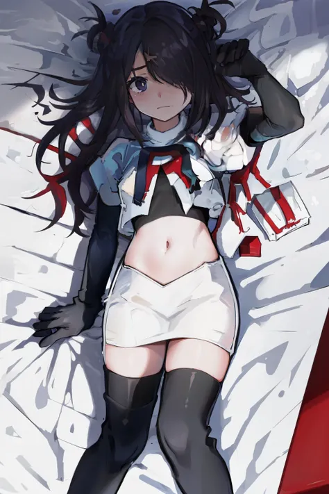 masterpiece, best quality, absurdres, 1girl, ame-chan, depressed, bags under eyes, team rocket,team rocket uniform,white skirt,red letter R,crop top,black thigh-highs,black elbow gloves