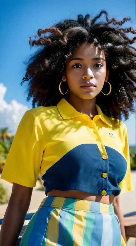 Ultra-realistic, 4k image of a 22-year-old black girl with big curly hair, showcasing a detailed face and medium body. She wears a yellow skirt with flowers and an open blue shirt. The professional photo is taken in high dynamic range (HDR) lighting, with ...