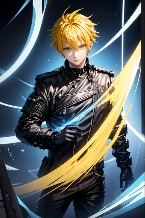 1boy,soft face,confident,young adult, simple clothes,wearing a black jacket, blue ice energy all around, ice, , blizzard, (yellow eyes), ((yellow hair)),short messy unkept hair, highest quality digital art, Stunning art, wallpaper 4k, highly detailed,BREAK...