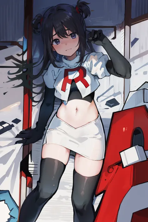 masterpiece, best quality, absurdres, 1girl, ame-chan, depressed, bags under eyes, team rocket,team rocket uniform,white skirt,red letter R,crop top,black thigh-highs,black elbow gloves