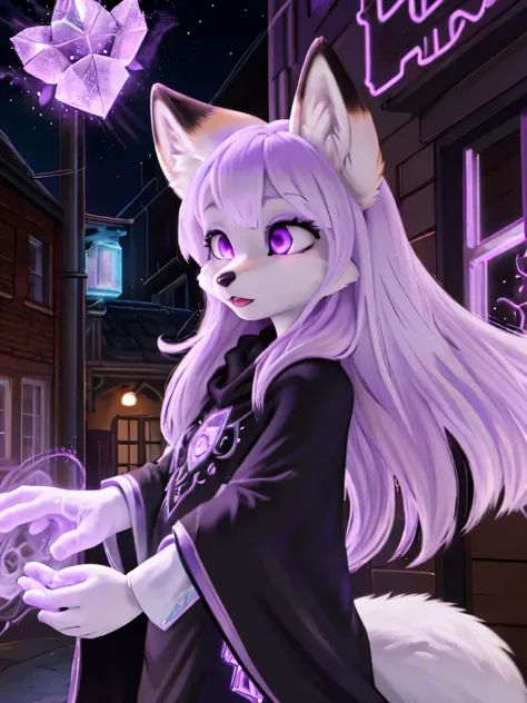 (a young white female fox furry), white fur,lilac long hair, violet eyes, black fur on ears, octaheadron violet crystal on neck,...