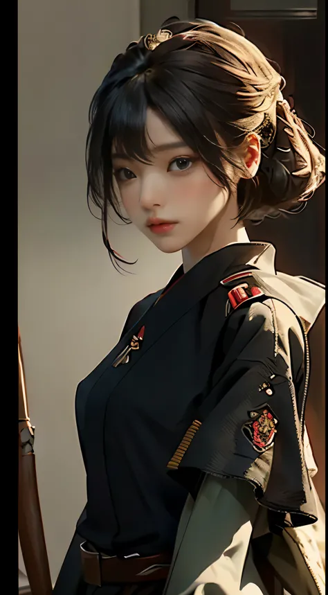 (masterpiece:1.2, best quality), Solo, 1 Lady named Yoru, Photorealistic rendering, Sci-fi film theme, Sci-fi elements, War scene, Upper body focus, Small but firm breasts, Intense gaze (brown eyes), Realistically detailed long black hair, Best Computer-Ge...