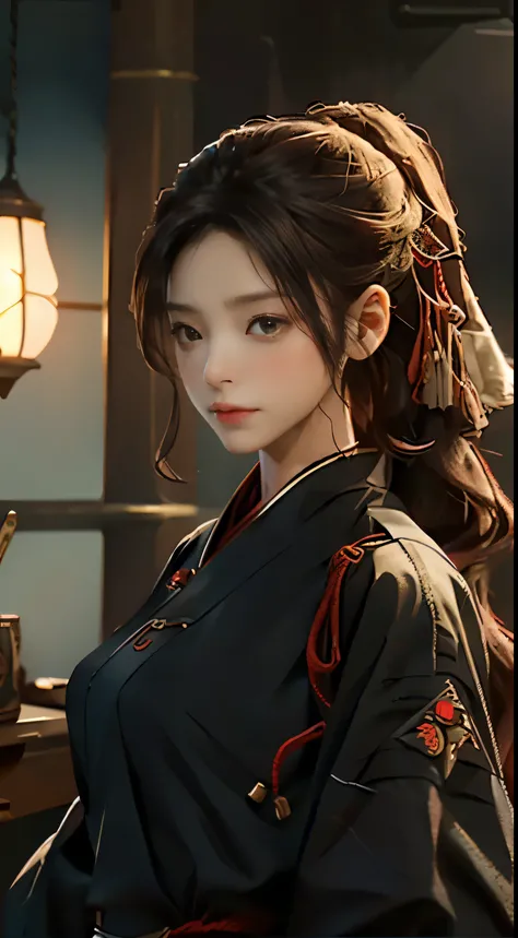 (masterpiece:1.2, best quality), Solo, 1 Lady named Yoru, Photorealistic rendering, Sci-fi film theme, Sci-fi elements, War scene, Upper body focus, Small but firm breasts, Intense gaze (brown eyes), Realistically detailed long black hair, Best Computer-Ge...