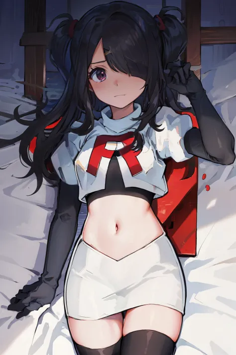 masterpiece, best quality, absurdres, 1girl, ame-chan, depressed, bags under eyes, team rocket,team rocket uniform,white skirt,red letter R,crop top,black thigh-highs,black elbow gloves