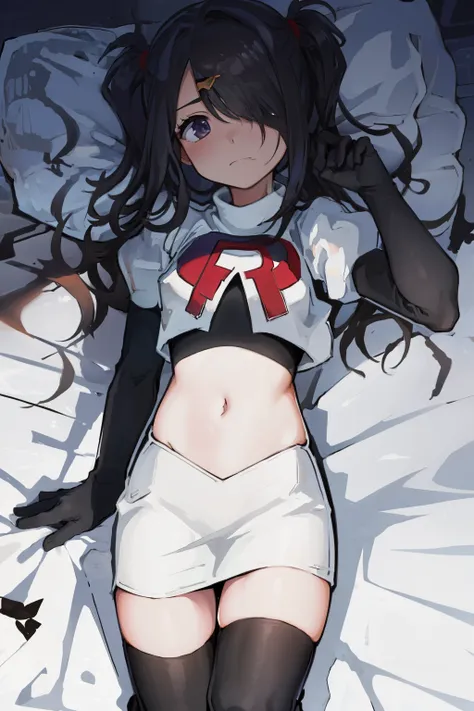 masterpiece, best quality, absurdres, 1girl, ame-chan, depressed, bags under eyes, team rocket,team rocket uniform,white skirt,red letter R,crop top,black thigh-highs,black elbow gloves