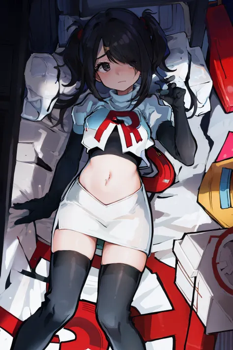 masterpiece, best quality, absurdres, 1girl, ame-chan, depressed, bags under eyes, team rocket,team rocket uniform,white skirt,red letter R,crop top,black thigh-highs,black elbow gloves