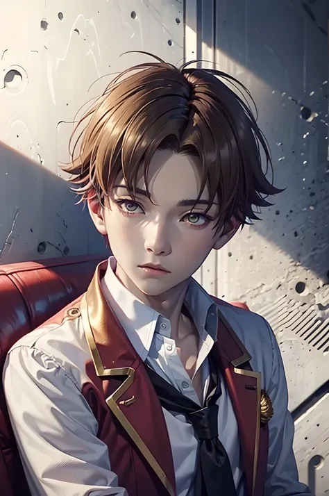 High resolution, highest quality, super detail, (detailed face) (detailed masterpiece), best quality, 1boy , ayanokoji kiyotaka , sitting , looking at the viewer , school uniform, white shirt, black necktie, red coat, apathetic face , cold eyes , staring a...