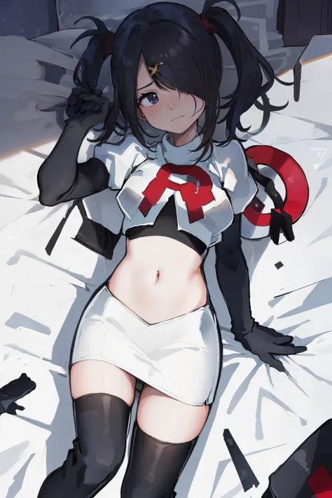 masterpiece, best quality, absurdres, 1girl, ame-chan, depressed, bags under eyes, team rocket,team rocket uniform,white skirt,red letter R,crop top,black thigh-highs,black elbow gloves