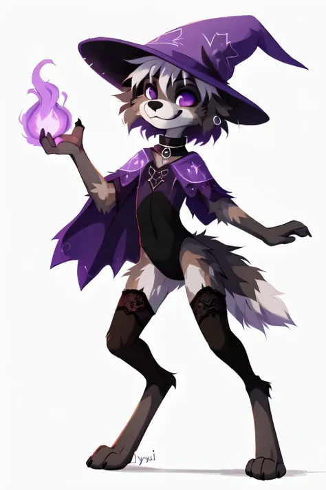 No background, white background, ((by reysi)), Furry, solo, ((Australian Shepard)), (dark fur, grey fur), ((teen)), ((male)), ((full body)), ((digitigrade legs, paws)), ((slender, skinny)), white hair, (black makeup, evil smile, ear ring, tight choker), (p...