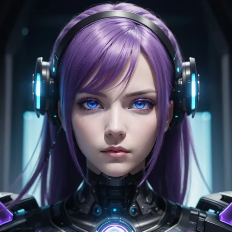 Centered portrait of an ultra detailed Mechanical Cyberpunk Female Android, purple hair, light blue eyes, looking into the camera, intricate, elegant, super highly detailed, sharp focus, no blur, no dof, extreme illustration, Unreal,  full body (details), ...