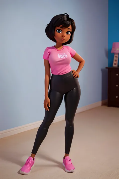 create a Disney Pixar-style animation. A young woman with brown skin with short black hair and wearing a pink shirt, black leggings and is posing for the camera, looking at it with a curious expression.