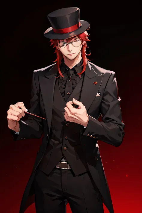 (masterpiece, best quality:1.2), solo, male focus, 1boy, adult, gentleman, tall tophat, red shaggy hair, black shades, black suit, red undershirt