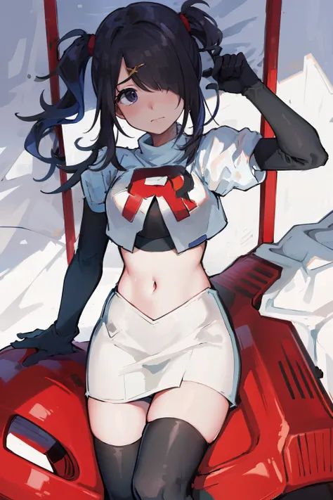 masterpiece, best quality, absurdres, 1girl, ame-chan, depressed, bags under eyes, team rocket,team rocket uniform,white skirt,red letter R,crop top,black thigh-highs,black elbow gloves