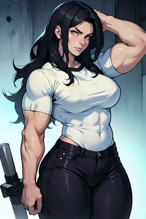 best quality pale skin girl black hair yellow eyes extremely long hair frown ((((muscular)))) thick thick thick breasts tight shirt tight pants