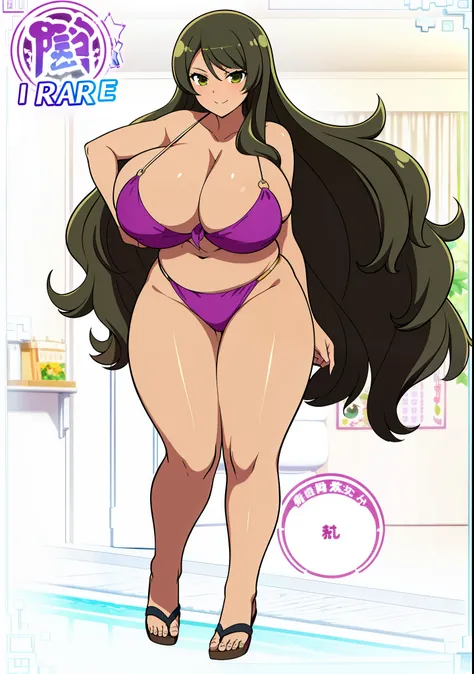 Cartoon image of a woman wearing a bikini, tits, tits proportions, big breasts!!, Close-up of lower body, big breasts!, Close-up of intense gesture style, She has a plump, round belly, huge breasts in covered sfw, junko enoshima, big breastsを持つ, Full body ...