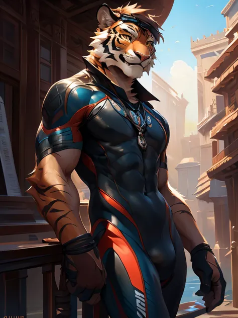 4k, ,8K, A high resolution, best quality, perfect colors, perfect shadows, perfect lighting, posted on e621, (by Chunie, by canyne khai, by t.y.starale), male, furry, Tiger anthro, solo, yellow eyes, (Realistic eye details 1.2), on the ship, wearing wetsui...