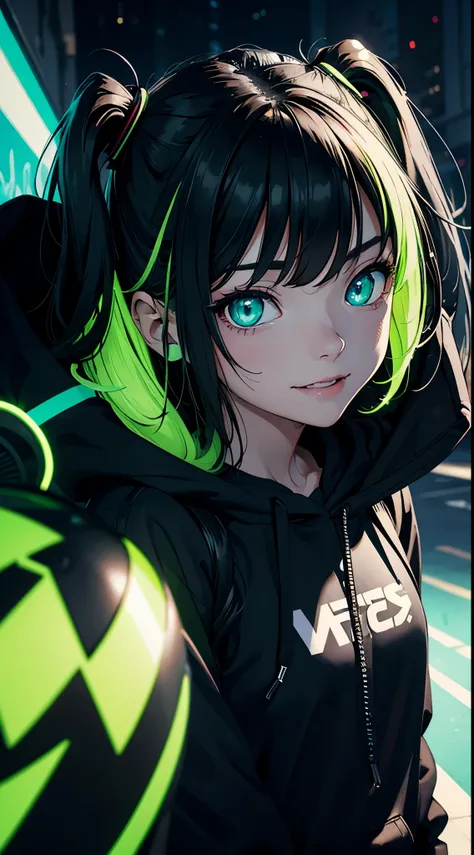 semi-realistic cinematic artwork, a close up on a mischevieous girl wearing a black hoodie with neon green details, neon green, cute expression, curious eyes, glowing eyes, long hair, (smilling, evil smile:1), beautiful shading,cute girl, dynamic, (modern ...